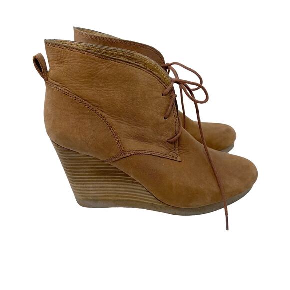Lucky Brand Womens 8.5 Tan Suede Taheeti Lace Up Wedge Booties Leather Heel - Picture 1 of 13